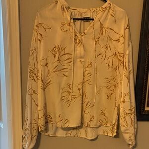 A New Day Cream Tan Floral Print Blouse Top M